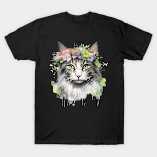 Cat Flowers Water Color Cat Mom Mother's Day Gift Idea T-Shirt